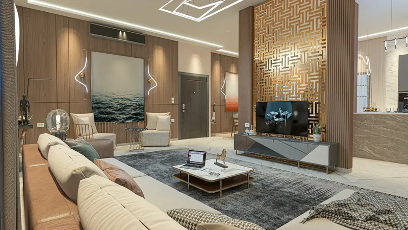 صالة استقبال بجدار خشبي وفاصل بنقش هندسي ووحدة تلفاز رخامية، تصميم ثلاثي الأبعاد